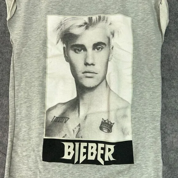 Justin Bieber Women Sweatshirt 6 Gray H&M Cut Off Long Crew Neck Concert Purpose - Picture 2 of 11